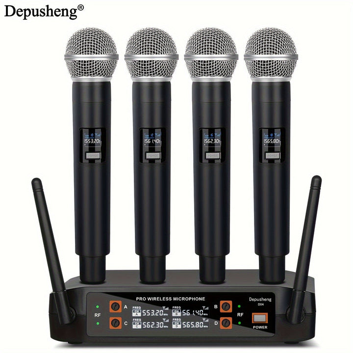 Sistema de micrófono inalámbrico DEPUSHENG, kit de micrófono portátil de 4 canales, con recepción de doble canal, control de volumen, patrón polar unidireccional, conector de 6,35 mm, enchufe estadounidense, fuente de alimentación 110-130V, para escenari