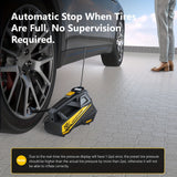 Inflador de neumáticos digital CaRSun, compresor de aire portátil con luz LED para coches, motocicletas, bicicletas - DC 12V, 150 PSI, diseño negro y amarillo, alimentación por enchufe, no requiere batería, inflador de neumáticos para bicicletas | Diseño