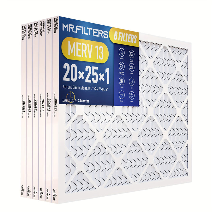 Sr. Filtros Paquete de 6 Filtros de Aire MERV 13 - Reemplazo de 20x25x1 HVAC AC Horno, Plegado, Eliminación de Partículas de Polvo al 95%, Compatible con Horno Estándar, Vida Útil de 3 Meses
