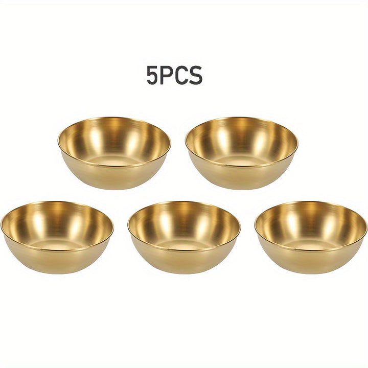 3/5/15 piezas de plato de salsa dorada de lujo, mini tazón de salsa individual de acero inoxidable premium y palillos, plato de condimentos redondo adecuado para sushi/tortilla mexicana/papas fritas, plato de aperitivo, accesorios para bandejas de delica