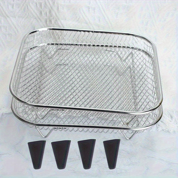 Juego de 6 Accesorios para Freidora de Aire de Acero Inoxidable: Rejilla Apilable, Base Elevadora - Compatible con Horno, Olla a Presión y la Mayoría de Freidoras. Rejilla Multifuncional Duradera y Segura con Diseño de Drenaje, Ideal para Papas Fritas, A