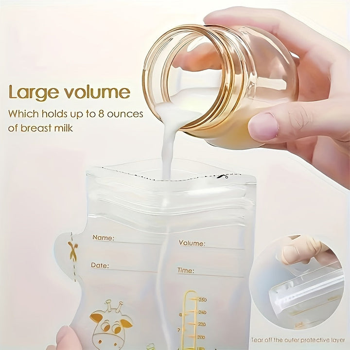 100 bolsas de almacenamiento de leche materna PP transparentes de 8 oz/250 ml, con pico vertedor, doble sellado, perfil plano y base autosoportable para refrigeración y congelación