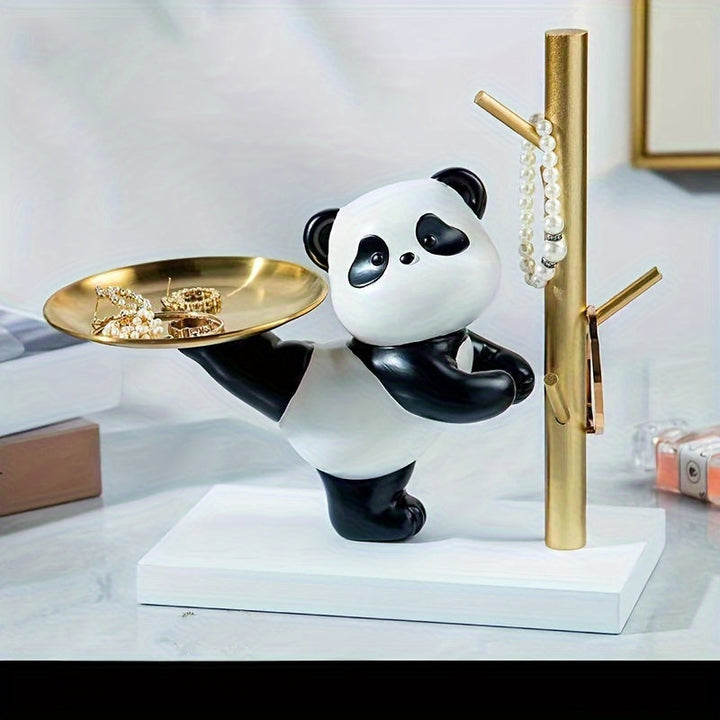 Bandejita de joyería de resina de panda con soporte metálico - Organizador decorativo chic para anillos, pulseras, collares - Regalo ideal para ancianos, amigos, maestros - Accesorio de dormitorio elegante