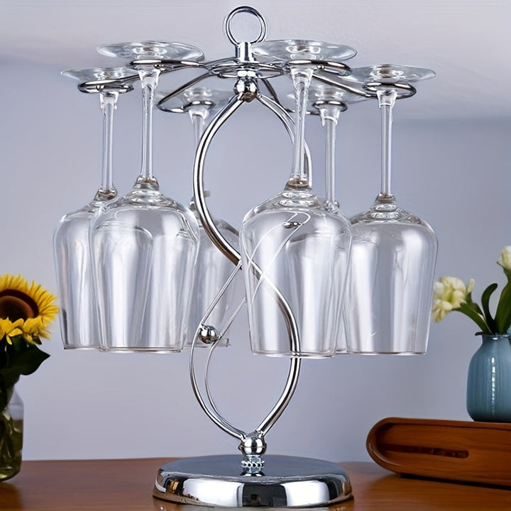 Soporte elegante para copas de vino invertidas, estante de metal para copas de pie con diseño decorativo en espiral, organizador de gabinete de vino que ahorra espacio para el hogar - Alberga 6 copas, rac de vino