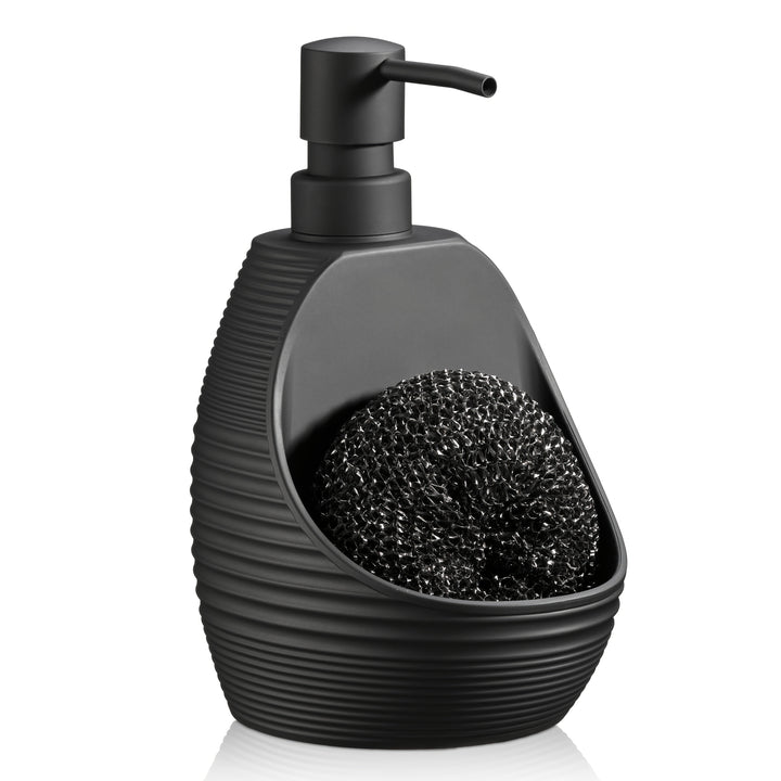 2 en 1, dispensador de jabón de cocina moderno negro y blanco con soporte para esponja - Diseño de onda elegante, jabón líquido reutilizable o, decoración de baño o cocina que ahorra espacio, dispensador de jabón de cocina