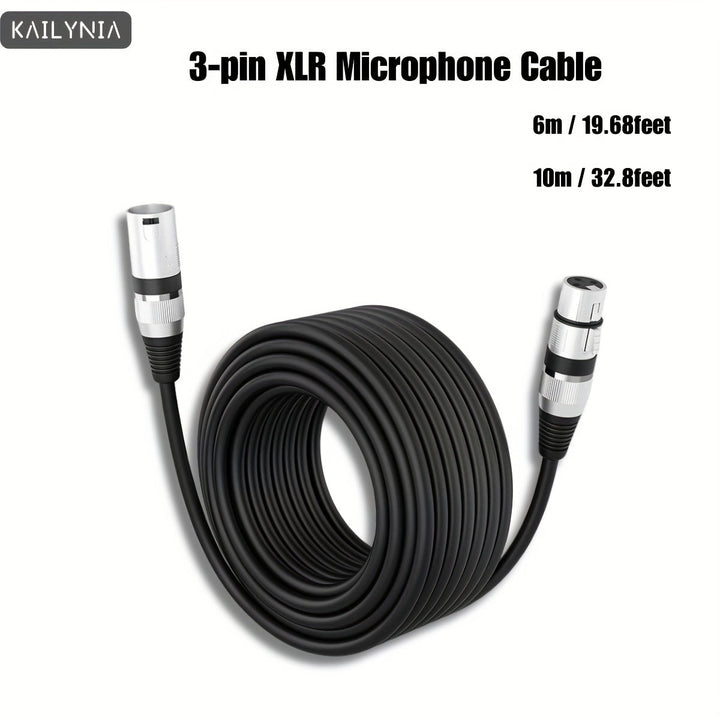 Cable de micrófono XLR de 3 pines KAILYNIA - 6 metros / 19,68 pies y 10 metros / 32,8 pies, cable negro duradero con conectores dorados, ideal para estudio, podcasting, amplificadores, cámaras y altavoces, cable de grabación de estudio | Cable de micrófo