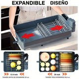 Moderno escurridor de platos retráctil para cocina con construcción de acero inoxidable y plástico, organizador de almacenamiento de drenaje para platos, palillos y utensilios.