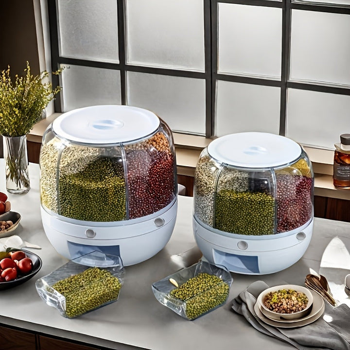 Contenedor Giratorio de Gran Capacidad con Tapa Hermética – Cilindro Plástico Impermeable y Resistente a Insectos para Arroz, Granos, Harina, Comida para Mascotas y Más – Dispensador Fácil de Usar con Botón de Presión, Esencial en la Cocina