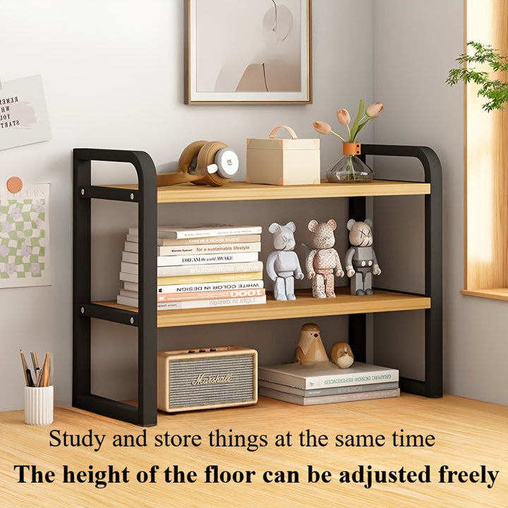 1pc Estantería Ajustable de Doble Capa Negra con Tablero de Nuez de Luz Artificial, Madera Dura Artificial, Almacenamiento de Múltiples Capas para Hogar, Cocina, Escritorio, Comedor, Sala de Estar, Oficina, Dormitorio - Requiere Ensamblaje