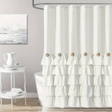 Cortina para ducha de 1 pieza, blanca, con encaje, parches de botones naturales y arrugas, hecha de poliéster puro y lavable, mide 182.88 cm de ancho x 182.88 cm de alto