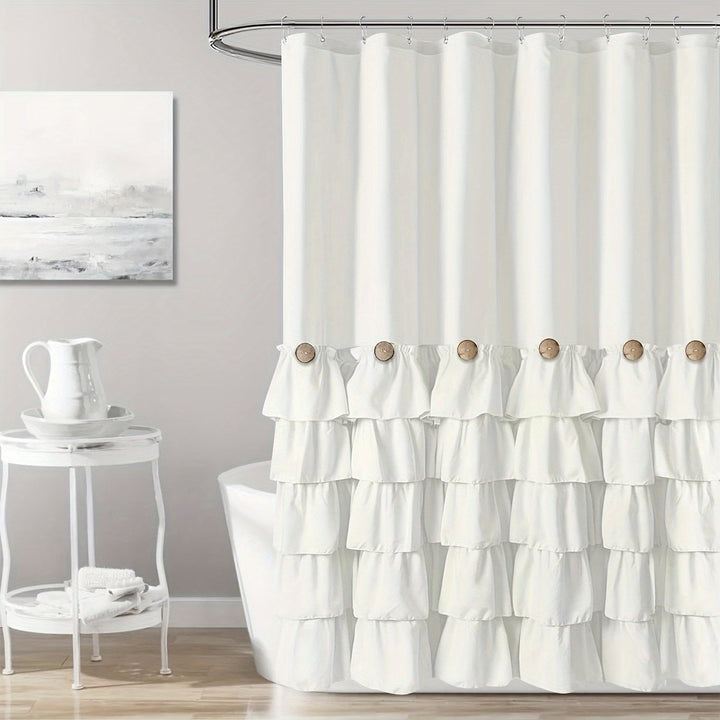 Cortina para ducha de 1 pieza, blanca, con encaje, parches de botones naturales y arrugas, hecha de poliéster puro y lavable, mide 182.88 cm de ancho x 182.88 cm de alto