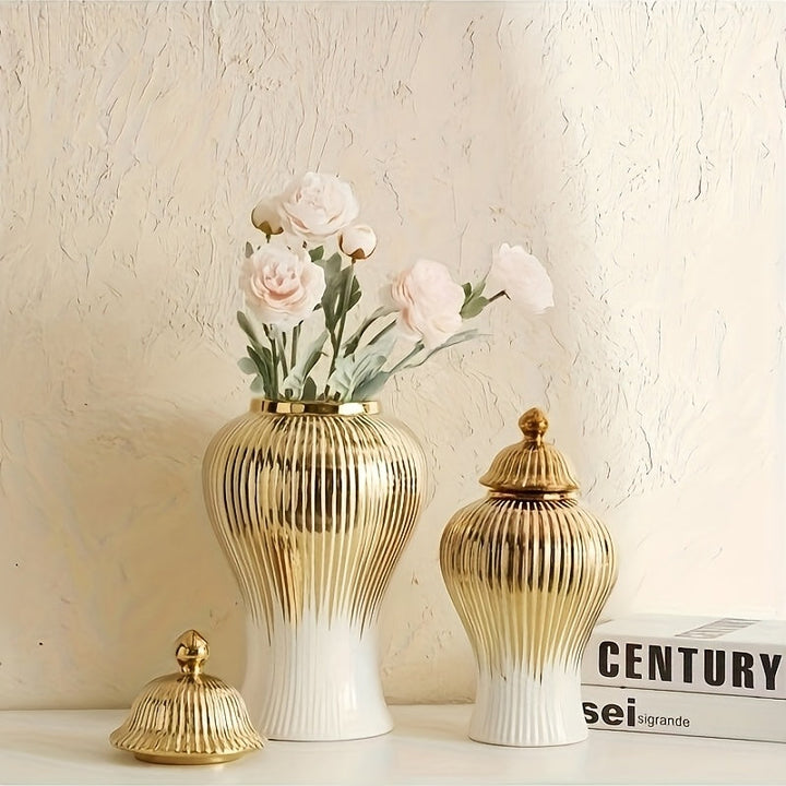 1 pieza de elegante jarrón de cerámica blanco y dorado con tapa - Patrón geométrico, jarra decorativa para almacenamiento de té, perfecta para el hogar, la oficina o el escritorio, regalo ideal para vacaciones, decoración de jarrones para el hogar.