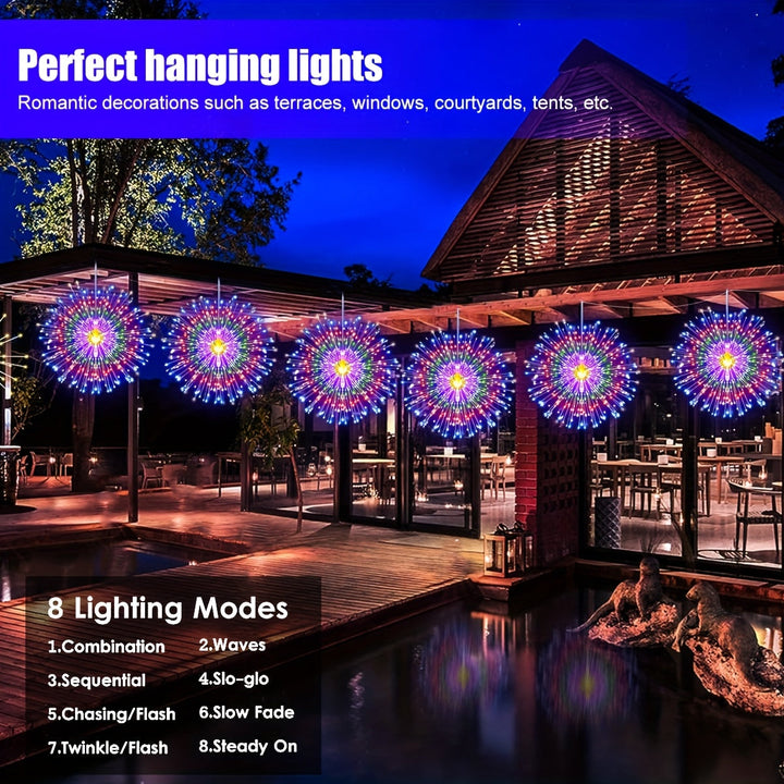 4 Pack Luces Solares de Fuegos Artificiales para Exteriores, Esferas LED Estallido Solar, 8 Modos IP65 Luces Colgantes para Gazebo Patio Fiesta Boda Tienda, Navidad, Patio Árbol Pub Decoración, Luces Hada de Fuego Artificial, Cadena Luminosa Solar