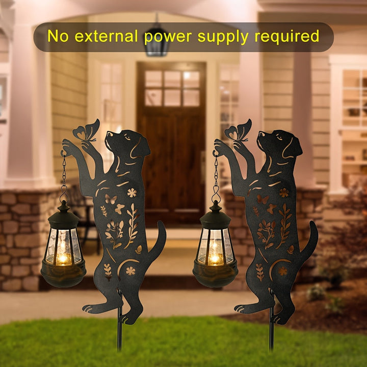 1 pieza de figura de perro solar y luz de jardín de mariposas - Iluminación decorativa exterior de hierro resistente a la herrumbre con sombra de acrílico, montaje semienterrado para patio, césped, caminos - Paneles solares de alta calidad para todas las