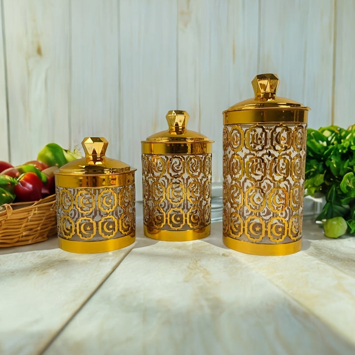 Pack de 3 Contenedores Herméticos para Alimentos de Lujo con Tapas Doradas y Cepillo de Limpieza - Plástico PET Libre de BPA, Recipientes Redondos de Gran Capacidad para Frutos Secos, Granos, Polvo de Cacao - Organización Elegante para Cocina y Despensa
