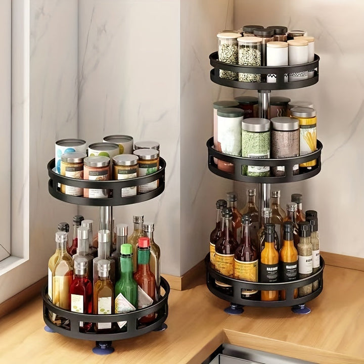 Estante de especias giratorio de 3 capas - Organizador de cocina de metal para especias, hierbas y condimentos, diseño que ahorra espacio con estantes de almacenamiento escalonados, ideal para cocinas, baños y salas de estar, solución de almacenamiento d