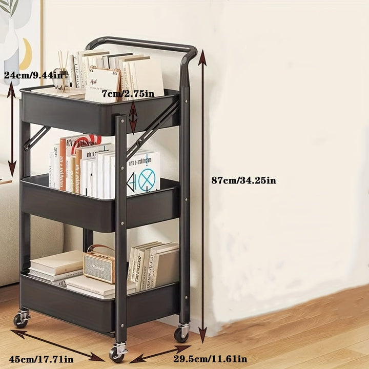 Carrito de Almacenamiento Plegable Metálico de 3 Niveles con Ruedas - Sin Necesidad de Ensamblaje, Ideal para Cocina, Sala y Oficina, Perfecto para Libros, Snacks, Frutas, Verduras y Organización del Hogar