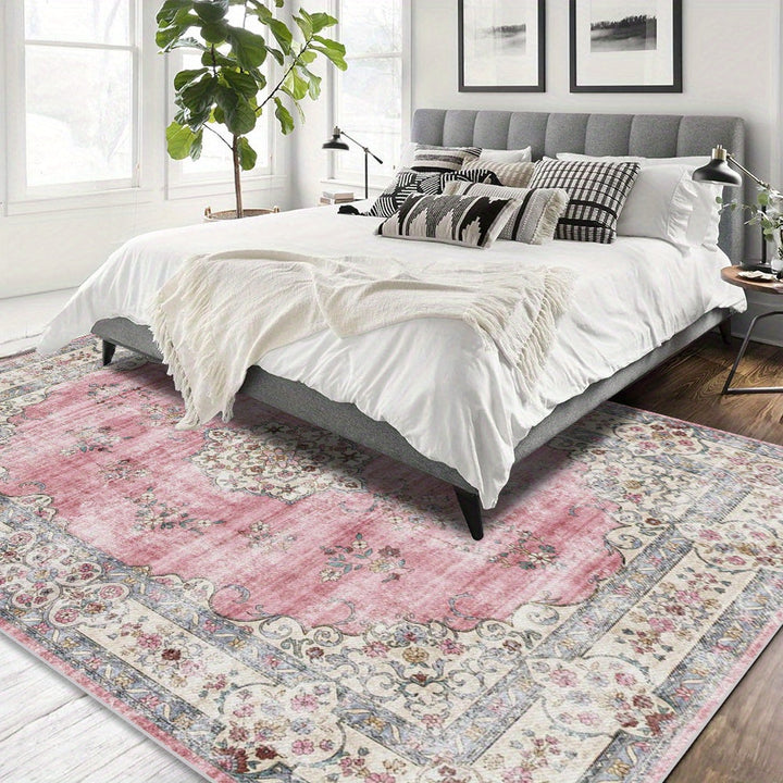 Lujoso tapete de área floral bohemio de terciopelo - Ultra-suave, grueso, antideslizante, lavable a máquina, diseño beige claro y rosa para sala de estar, dormitorio, comedor y oficina - Forma rectangular, ligero, tejido a mano de poliéster, alfombras pa