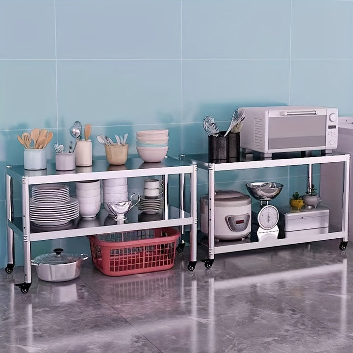 Carro de Cocina Rodante de Acero Inoxidable de 2 Niveles con Estantes de Almacenamiento y Ruedas - Organizador Portátil para Hogar, Camping y Uso Exterior, Mesa de Cocina al Aire Libre | Carrito de Cocina Moderno | Mueble de Cocina Duradero, Carrito de C