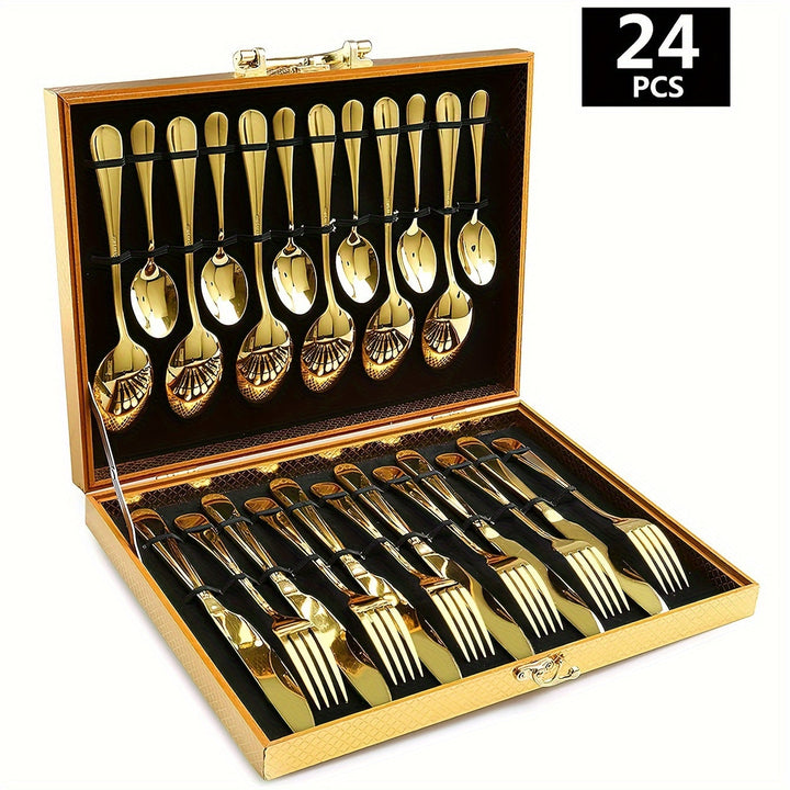 Juego de vajilla de acero inoxidable 1010 de 16/24 piezas con caja de madera, juego de vajilla de acero inoxidable de alta calidad, pulido a espejo, apto para lavavajillas, adecuado para restaurantes, cocinas, camping