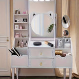 1 pieza de tocador moderno blanco con espejo redondo y bandeja giratoria de dos niveles - Ideal para dormitorio y artículos de viaje, estación de maquillaje multifuncional con cajón y estantes abiertos, tocador de viaje | Diseño moderno de tocador | Dise