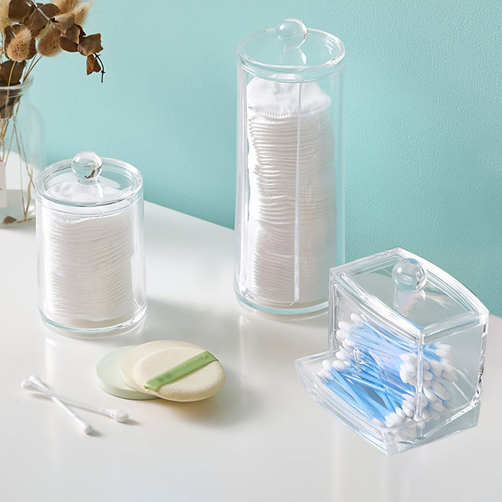 Juego de 3 cajas de plástico transparentes para hisopos, con estante extraíble y diseño elegante, ideales para discos desmaquillantes, hilo dental y palillos de dientes - Perfecto para regalos de cumpleaños o festividades