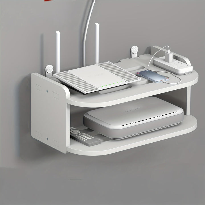 Organizador de pared de 2 niveles fácil de instalar, con gestión de cables, ideal para routers WiFi, decodificadores, etc. - No requiere taladro, 1 unidad