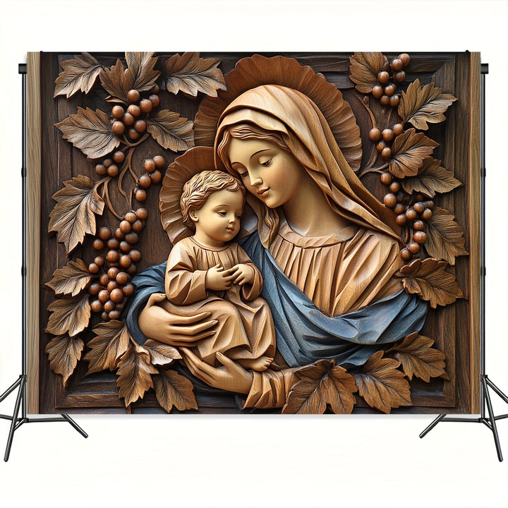 Una talla de madera en 3D de la Virgen María y el Niño Jesús, adecuada para dormitorios, salas de estar y áreas al aire libre.