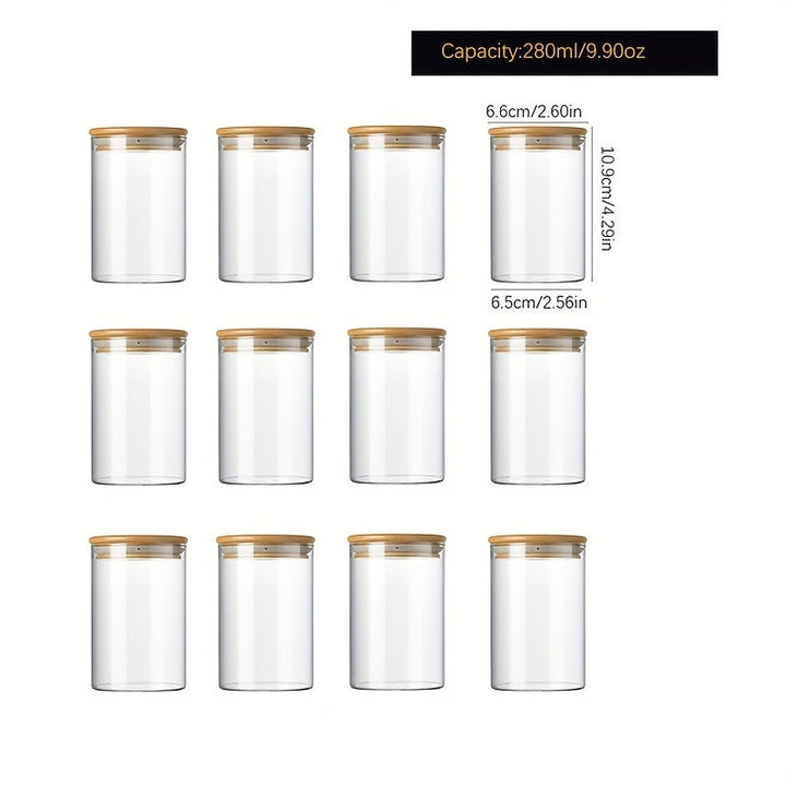 Doce recipientes de almacenamiento de granos, café y mora de vidrio de alta borosilicato de 210ml/280ml/340ml con tapa redonda de madera transparente.