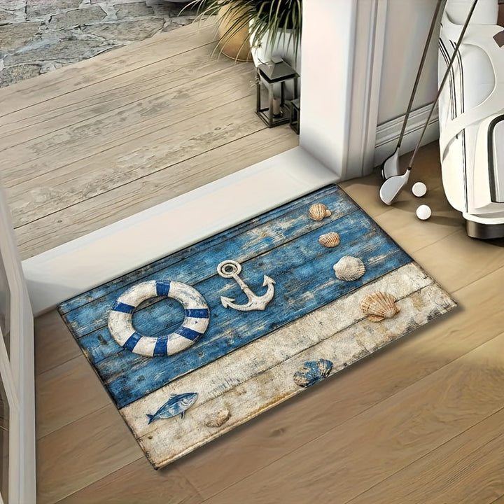 Un felpudo de puerta de madera azul náutico y blanco, lavable a máquina, antideslizante y duradero, adecuado para entradas, cocinas, baños y duchas, alfombra decorativa mullida.