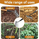 Rastrillo de jardín de acero al carbono de alta resistencia con mango más largo - Herramienta de desmalezamiento y aéreo de suelo sin esfuerzo, opciones de 5/6/7/8 dientes, ideal para jardinería y cuidado de césped, esenciales para jardinería | Mango erg