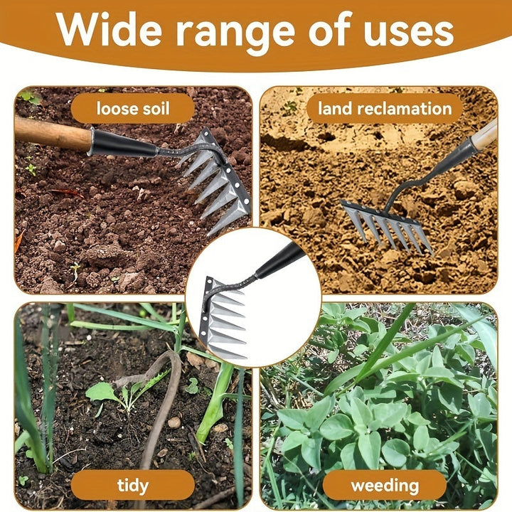Rastrillo de jardín de acero al carbono de alta resistencia con mango más largo - Herramienta de desmalezamiento y aéreo de suelo sin esfuerzo, opciones de 5/6/7/8 dientes, ideal para jardinería y cuidado de césped, esenciales para jardinería | Mango erg