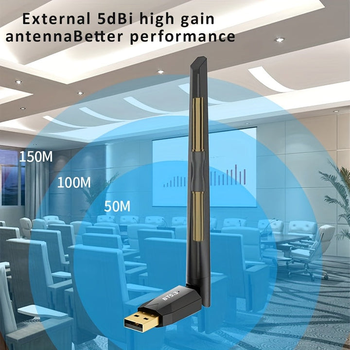 Adaptador sin varillas USB BT 5.3 de Largo Alcance, conexión máxima hasta 150 metros/49.21 pies, receptor sin varillas para escritorios y portátiles, compatible con Windows 8.1/Windows 10/Windows 11, ideal para conectar dispositivos sin cables