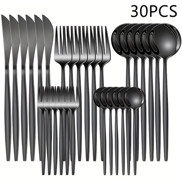 Juego de Cubiertos de Acero Inoxidable con Espejo, 30 Piezas, Apto para Lavavajillas, Ideal para 6 Personas, Incluye Cuchillos, Tenedores y Tenedores de Postre, Colección Duradera para Cocinas Hogareñas y Restaurantes