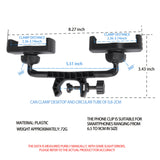 Sujeción de teléfono dual ajustable - Dispositivo de selfie flexible y estable para modo paisaje/retrato, soporte de teléfono móvil de plástico negro con múltiples clips, configuración de selfie | Soporte ajustable | Plástico duradero