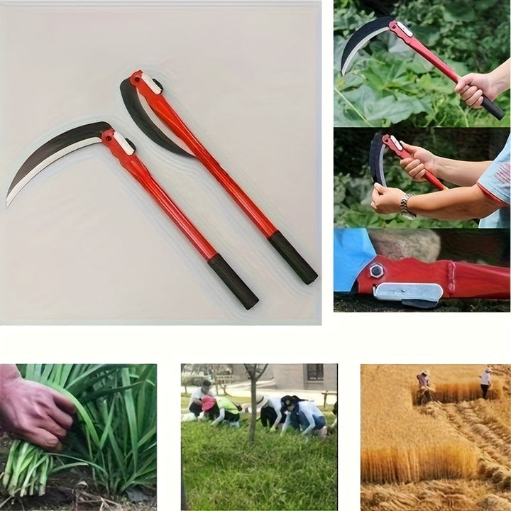 Guadaña Plegable de Acero al Manganeso Resistente - Cortacésped Manual con Mango Ergonómico Rojo/, Diseño Plegable para Jardines, Céspedes y Granjas - Sin Necesidad de Electricidad, Herramienta de Corte Eficiente, Hoja Metálica Robusta