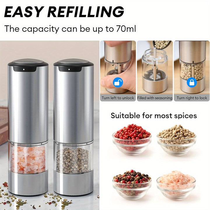 2 piezas/1 pieza, Juego de molinillos de pimienta y sal de acero inoxidable eléctricos