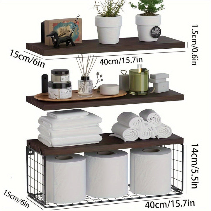 Juego de Estantes Flotantes de Pino Rústico con Portarrollos de Papel Higiénico - Organizador de Baño Montado en la Pared, Sin Tubos Metálicos Incluidos, Almacenamiento de Baño