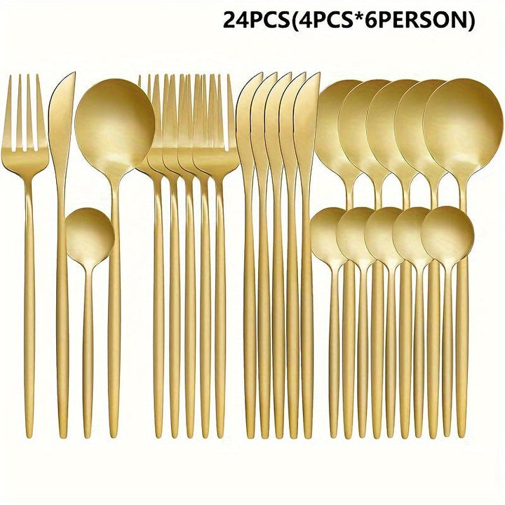 Juego de cubiertos de acero inoxidable dorado pulido, 16/24/32 piezas, en caja de regalo, incluye tenedor, cuchillo y cuchara, apto para lavavajillas, ideal para Navidad, Halloween, Pascua, 4 de julio y otras celebraciones