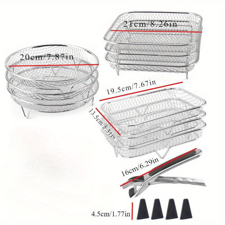 Juego de 8 Piezas para Freidora de Aire: Rejilla Apilable, Pinzas y Alfombrilla Reforzada - Rejilla de 3 Niveles para Cocina Saludable y Deshidratación, Compatible con Lavavajillas, Horno, Olla a Presión y la Mayoría de Freidoras de Aire, Herramientas Mu