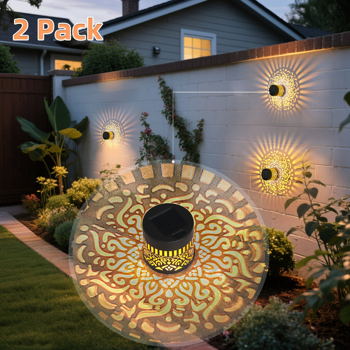 2 paquetes de luces solares para vallas con diseño hueco - Luces de pared IP65 para exteriores para jardín, patio y escaleras, paneles solares LED con carcasa negra, montaje semienterrado, control de sensor de luz, batería, luces solares para vallas para