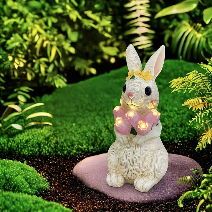 Escultura de Conejo Solar con Luz - Impermeable, Artesanía de Resina con Corona de Flores Rosas para Jardín, Patio y Decoración de Césped - Ideal para el Día de la Madre, Navidad, Acción de Gracias, Regalos de Pascua, Accesorios de Conejo