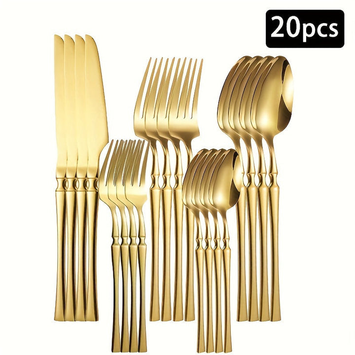 Juego de Vajilla de Acero Inoxidable para Cintura Pequeña de 20pcs/30pcs, Incluye Tenedores, Cucharas, Cucharas de Postre, Tenedores de Fruta y Cuchillos, Muy Adecuado para Cocina de Hogar, Restaurante, Hotel, Boda, Fiesta, Lavavajillas Dorado
