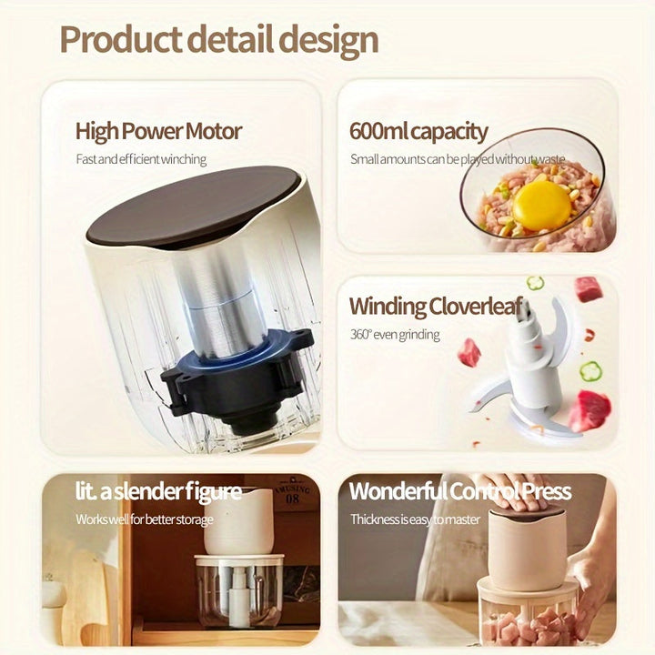 Picadora de Carne Inalámbrica Versátil con Carga USB - Capacidad de 600ml, Procesador de Alimentos Eléctrico Multifunción, Exprimidor y Trituradora de Hielo, Picadora de Carne, Trituradora de Hielo