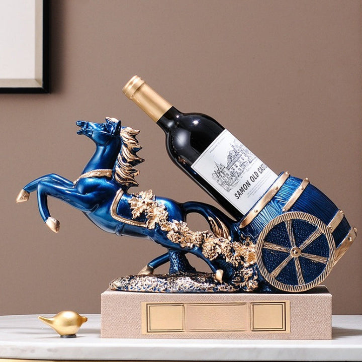 Elegante estante de vino azul para caballo - Diseño de resina lujoso con detalles dorados, ideal para cocina, comedor y decoración del hogar, perfecto para el Día de San Valentín, decoración de caballos.