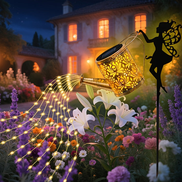 Luces solares para regar hadas - Decoración de jardín al aire libre con luces cascaderas, diseño de tetera solar de metal, perfecto para decoraciones navideñas, luces de jardín para fuera.