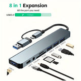 Hub USB multifunción 8 en 1, concentrador USB para computadora, hub USB C, lector de tarjetas TF/SD, salida de audio de 3.5 mm, ideal para transferencia de datos USB en computadoras