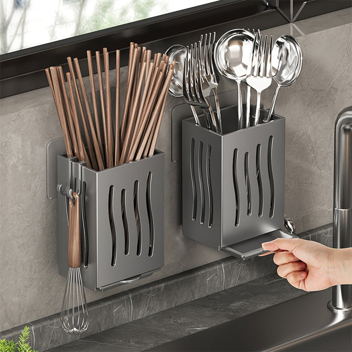 Soporte para utensilios de cocina, organizador de utensilios de cocina montado en la pared, bandeja de drenaje y gancho, tenedor, cuchara, cuchillo, palillos para palillos