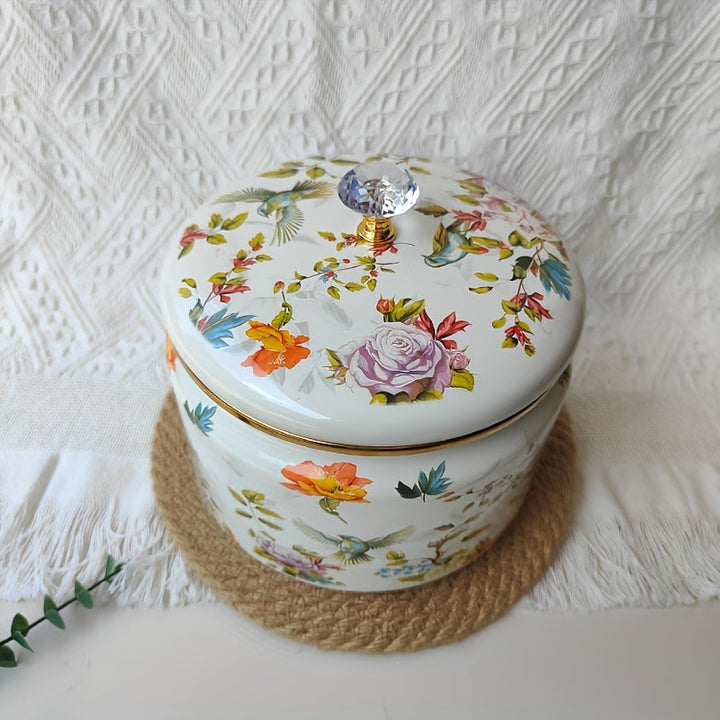 1pc Recipiente de Almacenamiento Metálico con Diseño Floral y Tapa de Vidrio - Organizador Hermético para Cocina Seguro para Alimentos, Especias, Productos Secos - Contenedor Decorativo para Despensa