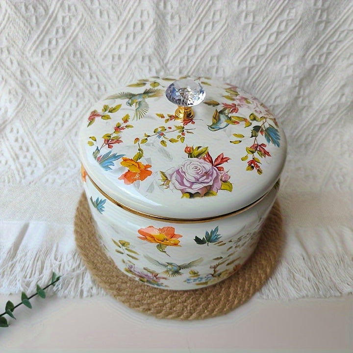 1pc Recipiente de Almacenamiento Metálico con Diseño Floral y Tapa de Vidrio - Organizador Hermético para Cocina Seguro para Alimentos, Especias, Productos Secos - Contenedor Decorativo para Despensa